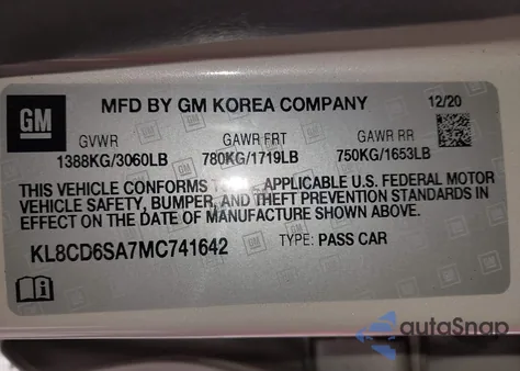 2021 Chevrolet Spark Fwd 1Lt Automatic из США, поврежденный, VIN KL8CD6SA7MC741642